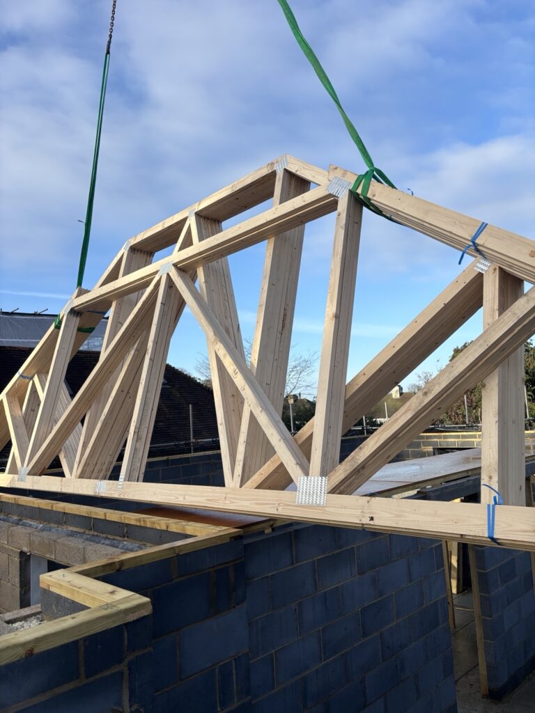 trusses craned in